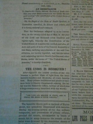 1860 Charleston Mercury South Carolina Newspaper The Union Disolved Civil War 6