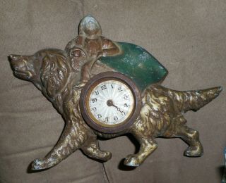 Antique German Clock Inside Metal Young Boy Riding A Large Dog.  Attractive.