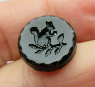 Adorable Small Antique Victorian Black Glass Button Squirrel W/ Acorn Nut (x)