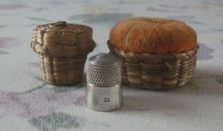 Vintage Antique Sweetgrass Pin Cushion Thimble Holder Sewing Sterling Silver