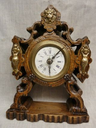 Lovely 1860s Antique French Alarm Clock Carved From Block Cherubs Lion Tic Tac