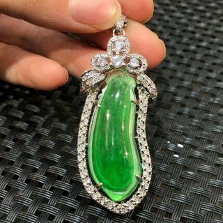 Chinese S925 Silver & Natural Jadeite Jade Handwork Green Melon Rare Pendant