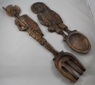 Vintage Wooden Carved Don Quixote & Sancho Panza Fork Spoon Wall Plaque Set