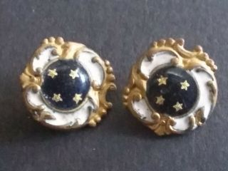 2 French Victorian Gilt & Enameled Buttons Gold Stars On Cobalt W/white Champlev