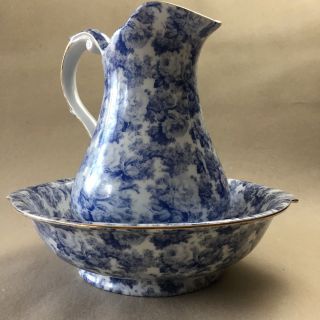 Wash Basin Bowel Pitcher Blue & White Floral Country Vintage Style China