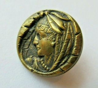Outstanding Antique Vtg Victorian Metal Picture Button Ladies Head Cameo (a)