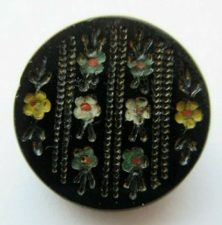 Lovely Antique Vtg Victorian Black Glass Button Incised Enamel Flowers 3/4 " (a)