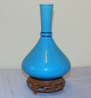 Antique Japanese Awaji Monochrome Turquoise Pottery Onion Shape Vase On Stand