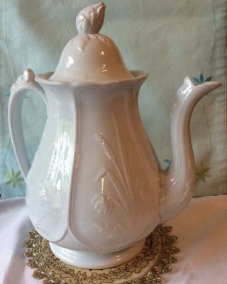 1862 White Ironstone Teapot Coffee Pot,  Lily Pattern Handly