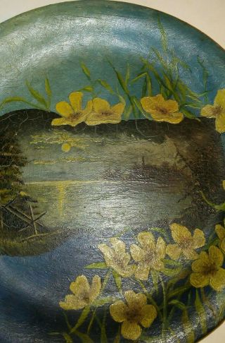 Antique Wooden Plate Hand Painted Night Scene 19th Or Early 20th C Folk Art