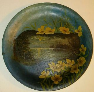 Antique Wooden Plate Hand Painted night scene 19th or early 20th C folk art 5