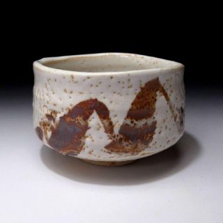 CP7: Vintage Japanese Pottery Tea Bowl of Shino Ware,  White & brown 5