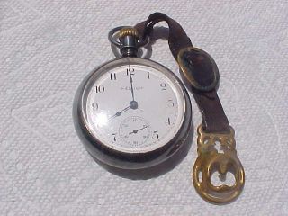 Antique Elgin Pocket Watch 18s Leather Brass Fob 9814498 Silver Repair 2