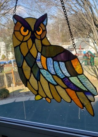 Owl Stained Glass Vintage Window Or Wall Hanging Amber Rich Brown