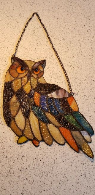 Owl Stained Glass Vintage Window or Wall Hanging Amber Rich Brown 2
