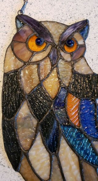 Owl Stained Glass Vintage Window or Wall Hanging Amber Rich Brown 3