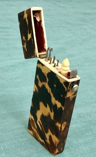 Antique Georgian Tortoise Shell Box - Tiny Miniature Lace Making Needles & Case