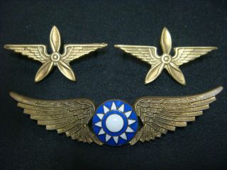 Wwii China Air Force Officer Collar Pins Insignia & Pilot Wing Flying Tiger Avg