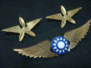 WWII China Air force officer collar pins insignia & pilot wing Flying Tiger AVG 3