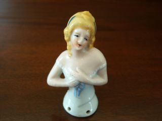 Vintage Colonial Porcelain Pin Cushion Or Brush Doll Half Body Made In Japan