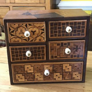 Old Folk Art Wood Inlaid Apothecary Style Box