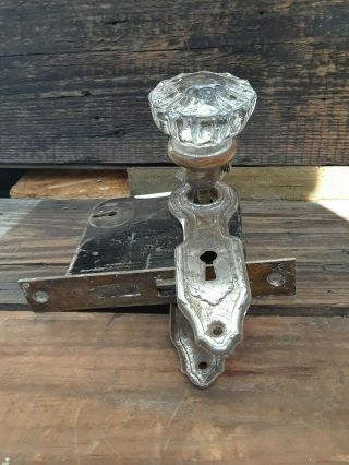 Antique Vintage 1 Set Clear Glass Door Knob Handles Spindle Lock Set