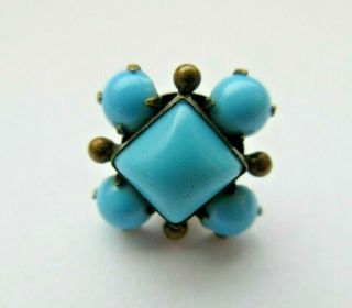Delicate Small Antique Vtg Victorian Turquoise Glass In Metal Button 7/16 " (x)
