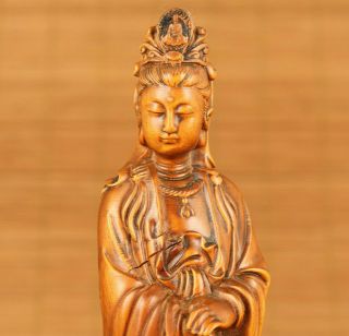 Chinese Old Boxwood Hand Carving Kwan - Yin Buddha Basket Statue Figue Netsuke