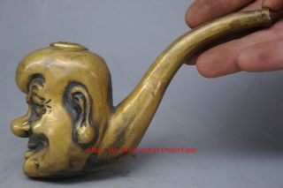 Asia Collectible Old Handwork Carving Gold - Plated Copper Tobacco Pipe Gift C01