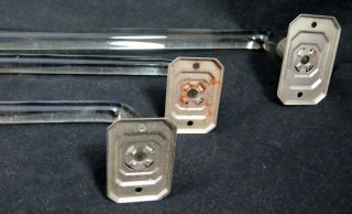 3 KIMBLE Vintage Art Deco Clear Bent Curved Glass Dish Towel Bars Rod Nickel NOS 7