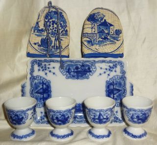 Htf Set - Aw German Breakfast 4 Egg Cups,  2 Cozies & Tray - Delft Pattern -