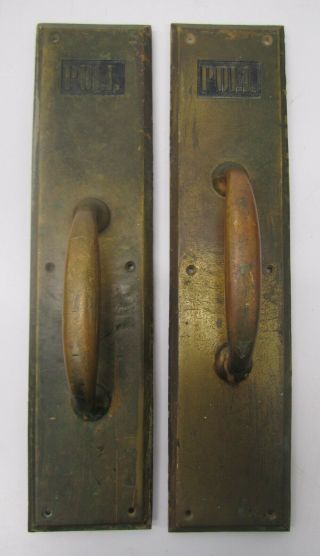 Pair 2 Vtg Russwin Commercial Matching Solid Brass Door Pull Handles Plates J2