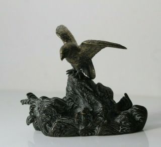 Antique Japanese Meiji Era Bronze Metal Hawk On Waves Okimono Statue