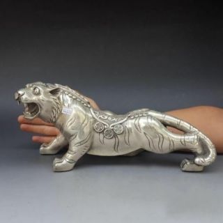 China Old Copper Plating Silver Carved Wealth Money Coin Tiger Statue I02