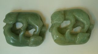 2 Vintage Chinese Carved Celadon Aventurine Double Monkey Beads Or Pendants