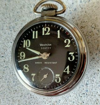 Vintage Westclox Scotty Pocket Watch,  Runs,  Open Face,  Black Dial,  Made In The Usa