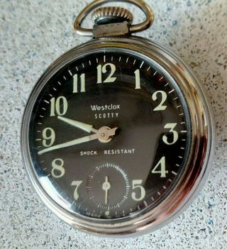 Vintage Westclox Scotty Pocket Watch,  RUNS,  Open Face,  Black Dial,  Made in the USA 2