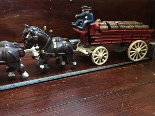 Vintage Cast Iron Horse Drawn Carriage Beer Barrels Budweiser Clydesdale Wagon