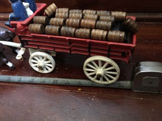 Vintage Cast Iron Horse Drawn Carriage Beer Barrels Budweiser Clydesdale Wagon 3