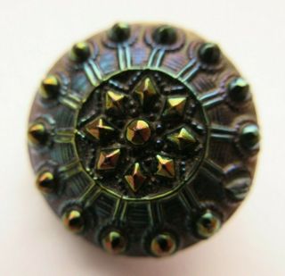 Gorgeous Antique Vtg Victorian Carnival Luster Black Glass Button Flower (v)