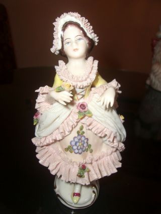 Antique Victorian German Porcelain Dresden Lace Lady Figurine 7.  5 " Tall N/crown