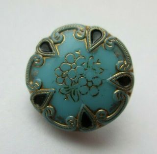 Exquisite Antique Vtg Victorian Turquoise Glass Button Enamel & Luster 5/8 " (v)