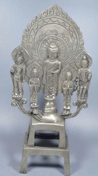 Collectable Decorative Miao Silver Carve Five Buddha Temple Pray Souvenir Statue