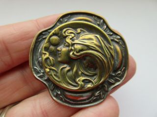 Gorgeous X LARGE Antique Vtg Metal Picture BUTTON Art Nouveau Woman Flowers (Y) 2