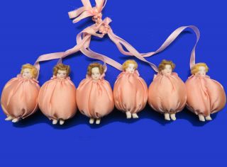 Rare Antique 6 Miniature Tiny Bisque Dangling Baby Dolls Pink Pillow Pincushions