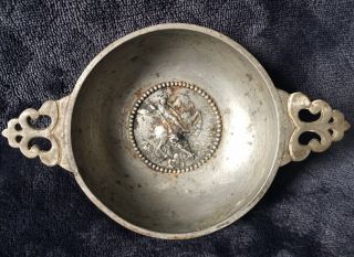 18th Century Antique French Double - Eared Pewter Porringer With Midieval Scene