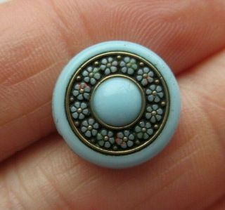 Exquisite Antique Vtg Victorian Turquoise Glass Button Enamel Flower Ring (y)
