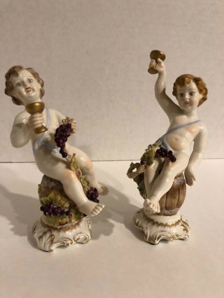 Vintage German Porcelain Figurines Marked Two Children Wine Cups Cheering Wine
