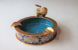 Antique Art Deco Blue Enamel Chinese Cloisonne Gold Foo Dog Ashtray Accent Decor