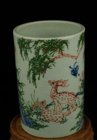 China Old Blue White Porcelain Hand Painting Deer Brush Pot /leaf Mark Ab02d